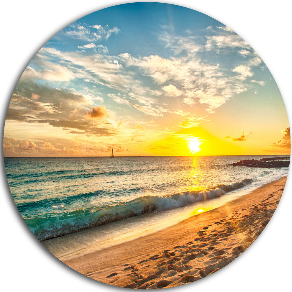 White Beach In Island Of Barbados, Modern Seascape Round Wall Art, 11"