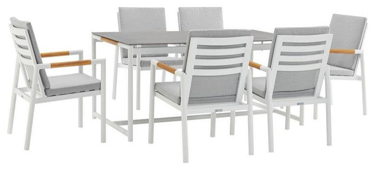 Crown 7-Piece White Aluminum and Teak Outdoor Dining Set With Light Gray Fabric