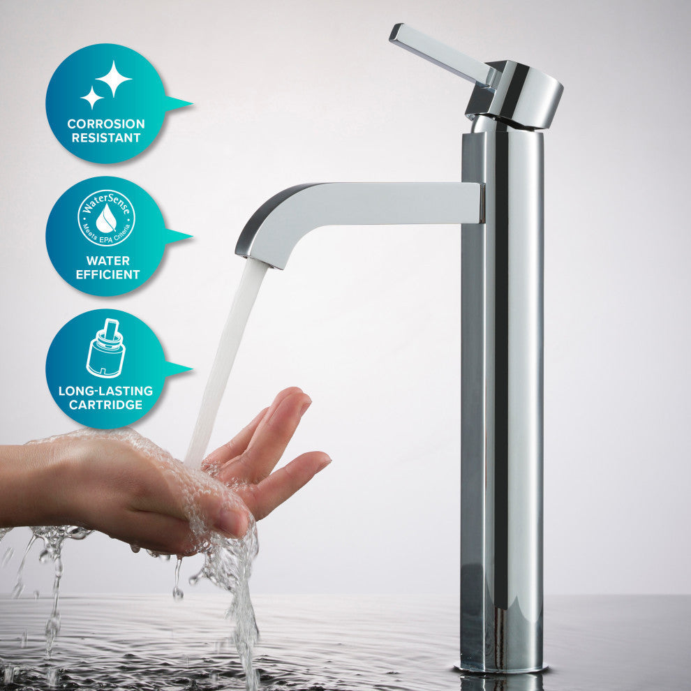 Elavo Square Ceramic Vessel Sink, Bathroom Ramus Faucet, PU Drain, Chrome