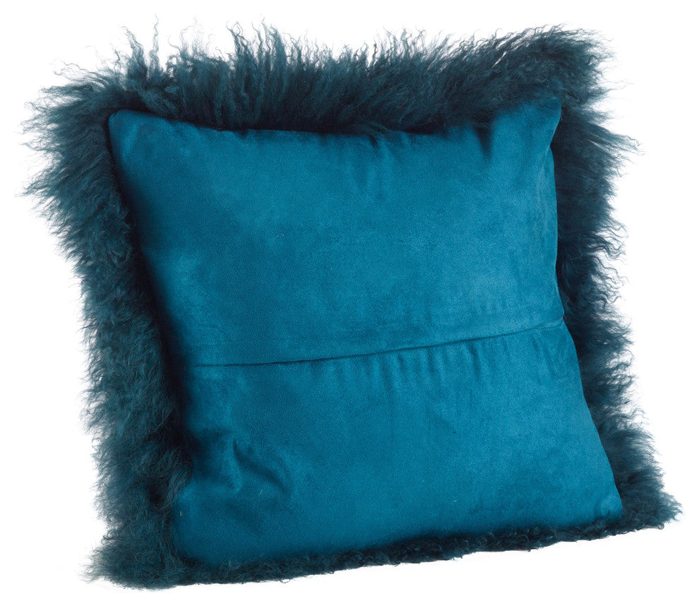 Mongolian Lamb Fur Poly Filled Throw Pillow, Teal, 20"x20"