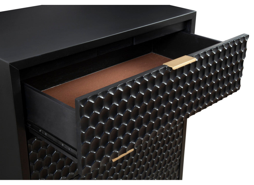 Benzara BM284294 5 Drawer Tall Dresser Chest, Honeycomb Panels, Black, Gold