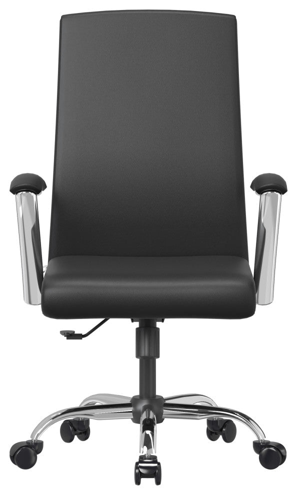 LeisureMod Evander Swivel Office Chair in Leather With Silver Frame, Black