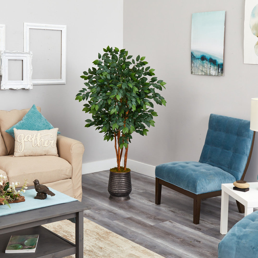 57" Sakaki Artificial Tree, Ribbed Metal Planter