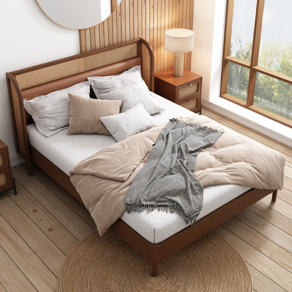TATEUS PU Modern Cannage Rattan Wood Platform Queen Bed