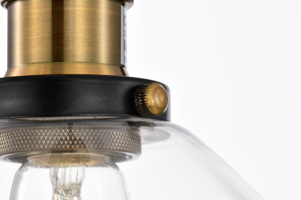 1-Light Black and Antique Brass Mini Pendant Light With Clear Glass Shade