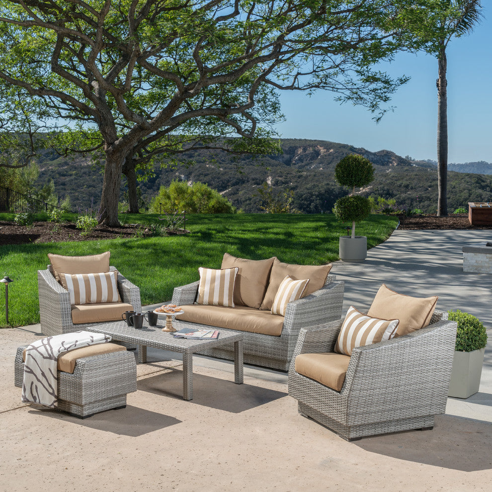 Cannes 5 Piece Sunbrella Outdoor Patio Love and Club Seating Set, Maxim Beige