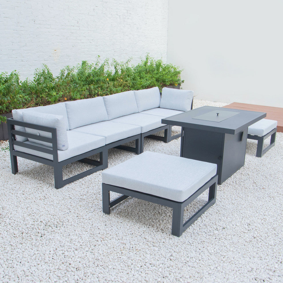 LeisureMod Chelsea 7-Piece Outdoor Sectional With Fire Pit Table, Light Gray