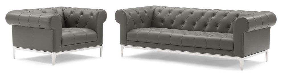 Tufted Armchair and Sofa Set, Leather, Gray, Modern, Lounge Hospitality