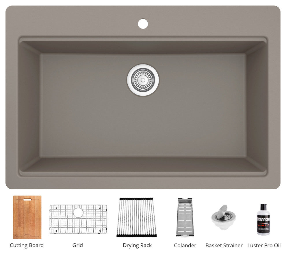 Karran Top Mount 33" Single Bowl Quartz Workstation Kitchen Sink, Concrete