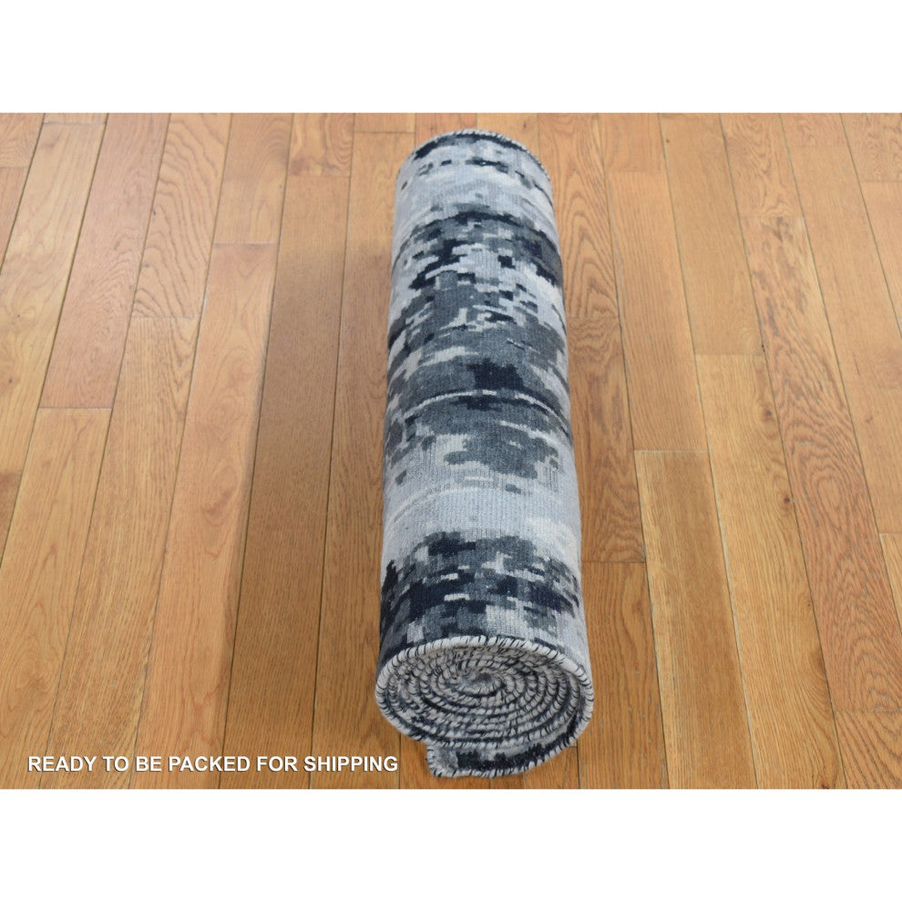 Olive Black Abstract Design Wool and Silk Hand Knotted Runner Rug 2'7" x 6'2"