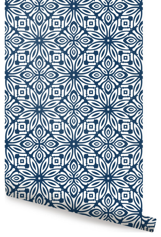 Geo Flowers Peel and Stick Vinyl Wallpaper, Navy, 24"w X 108"h