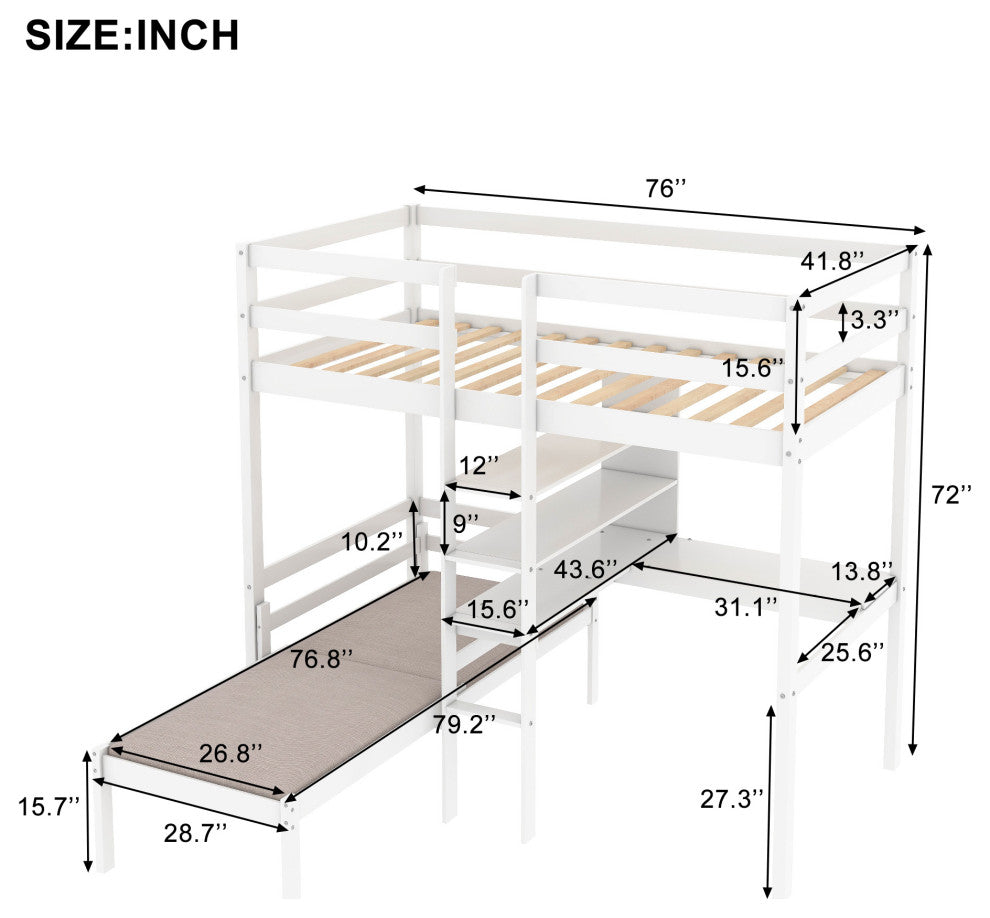 Gewnee Wood Convertible Twin Loft Bed with L-Shape Desk in White