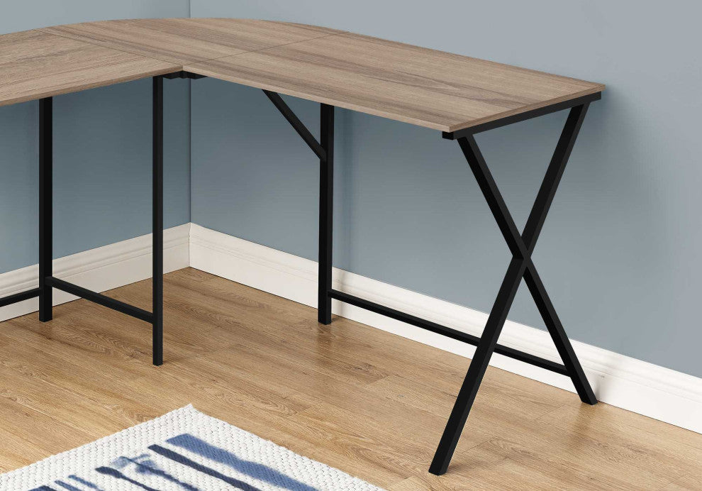 HomeRoots 55" Dark Taupe Top and Black Metal Corner Computer Desk