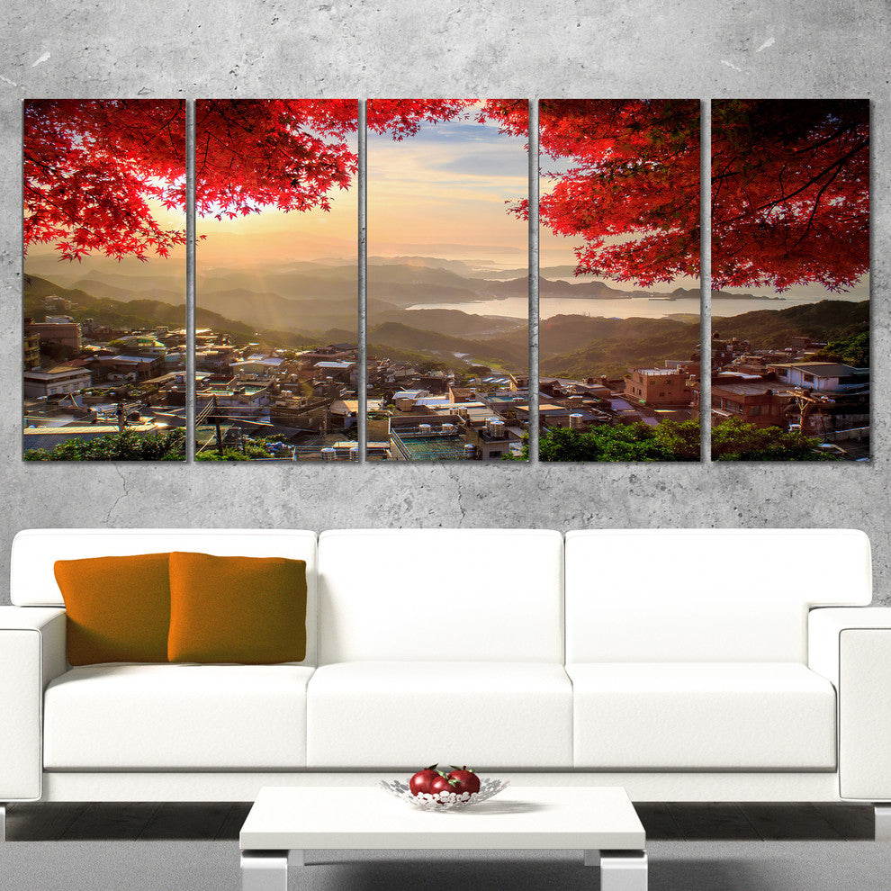 Taiwan Township with Red Trees, Large Landscape Canvas Art, 60"x28", 5 Panels