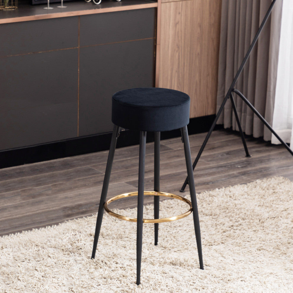 Minimalist Round Bar Stools, Black Velvet - 1 Piece, 30 Inch