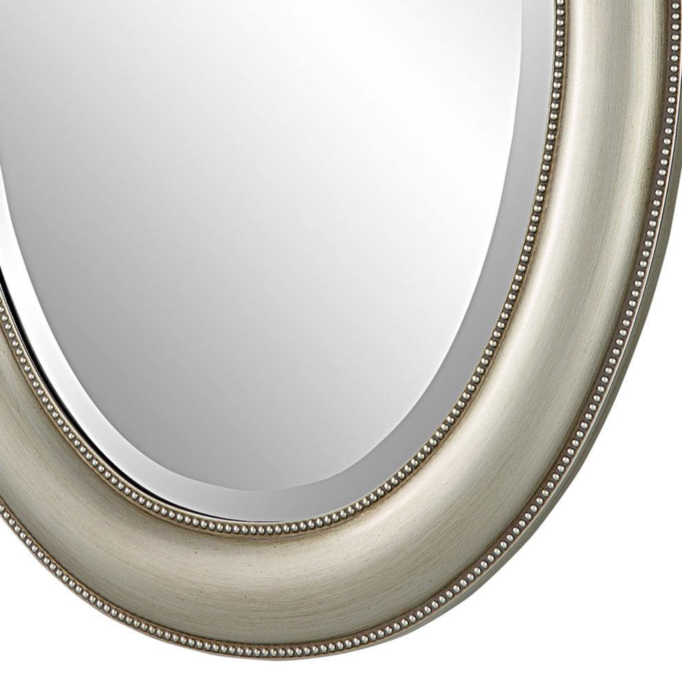 Benzara BM276687 29" Wood Wall Mirror, Beaded Oval Shape, Metallic Silver