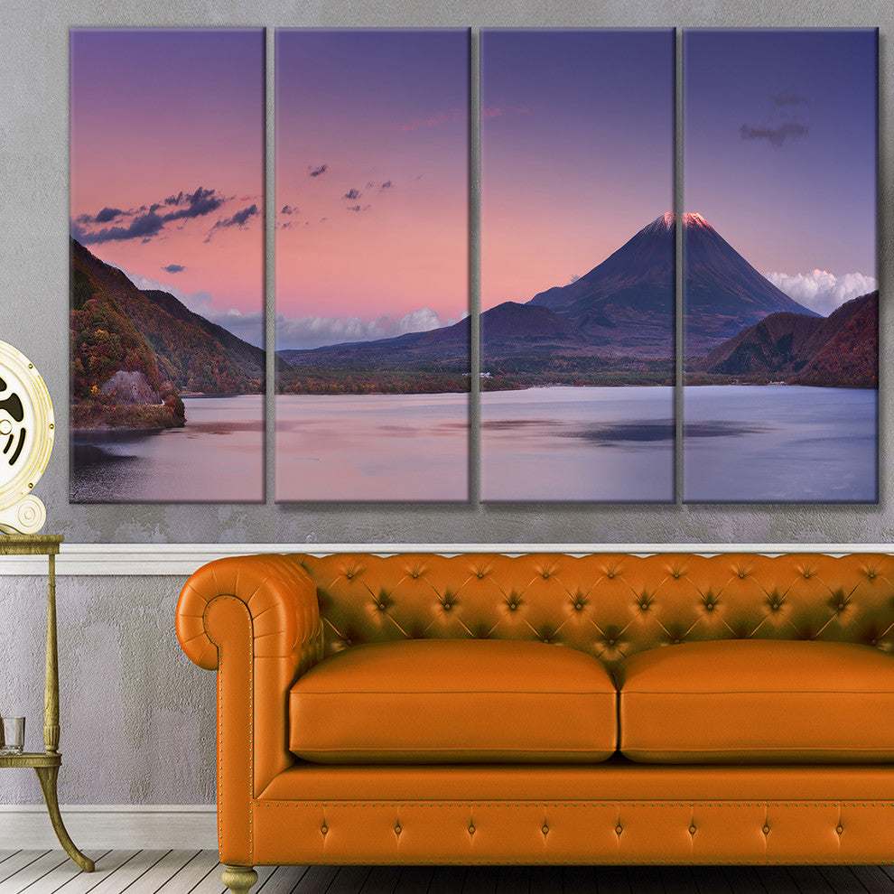 Sunset at Mount Fuji and Lake Motosu, Landscape Canvas Art, 48"x28", 4 Panels