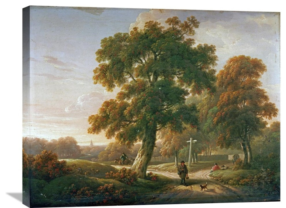 "Travellers at a Crossroads In a Wooded Landscape" Artwork, 30" x 23"