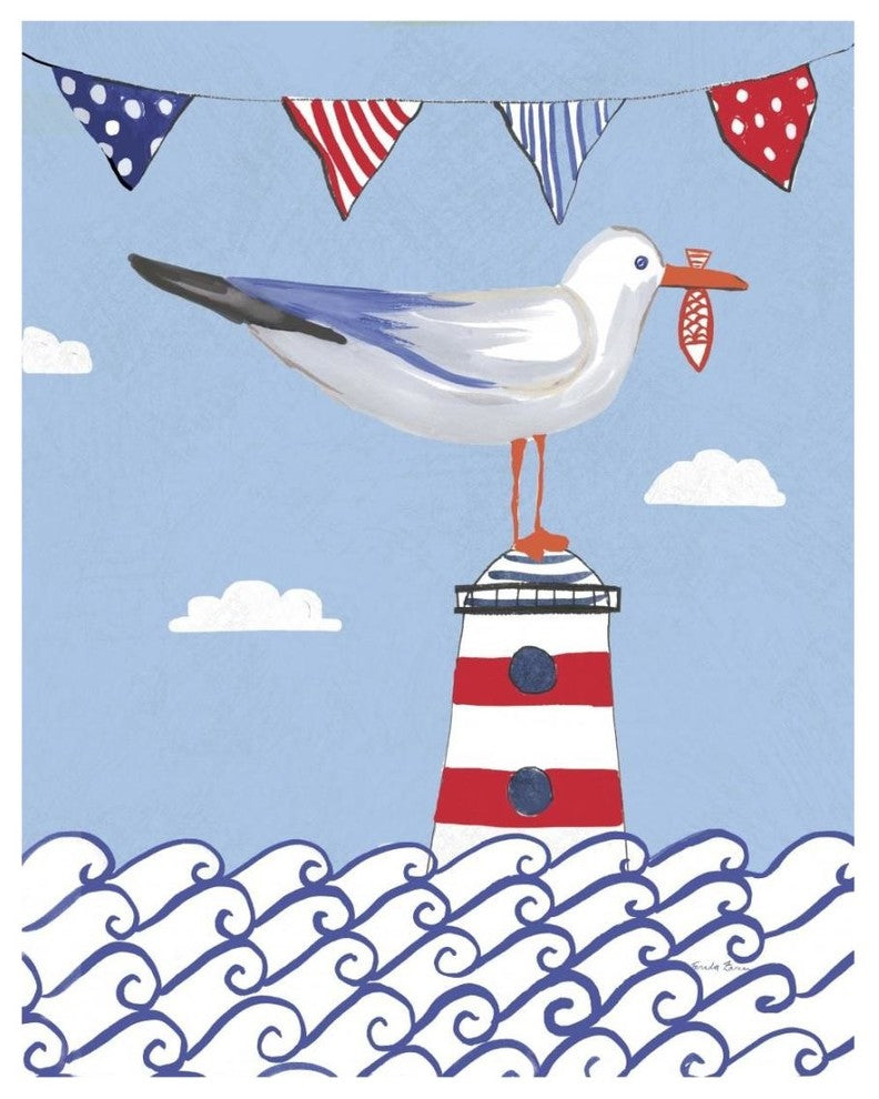"Coastal Bird I Flags on Blue" Digital Paper Print by Farida Zaman, 18"x22"