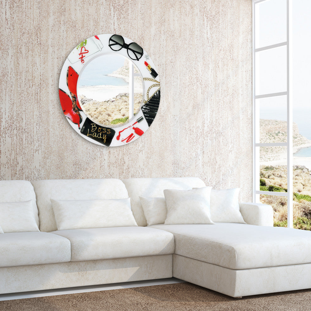 "Boss Lady" Round Beveled Wall Mirror on Floating Printed Tempered Art Glass