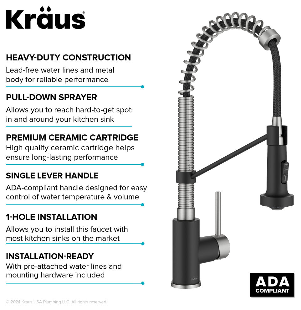Bolden Commercial Style 2-Function Pull-Down 1-Handle 1-Hole Kitchen Faucet, Stainless Steel/ Matte Black