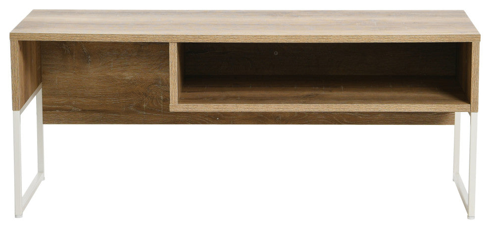 Wrap TV Stand, Rectangular Storage Compartment Coastal Oak Rustic, White Metal