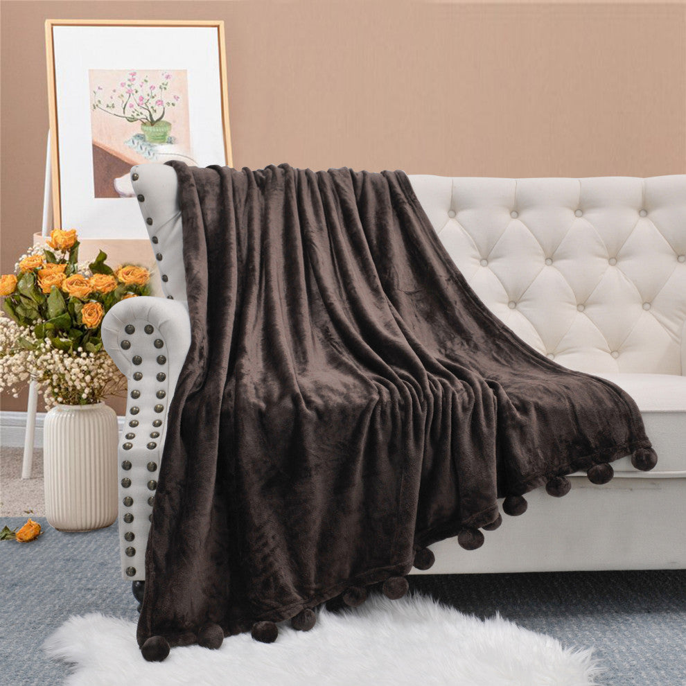 Pom Pom Flannel Fleece Throw Blanket, Chocolate, 50" X 60"