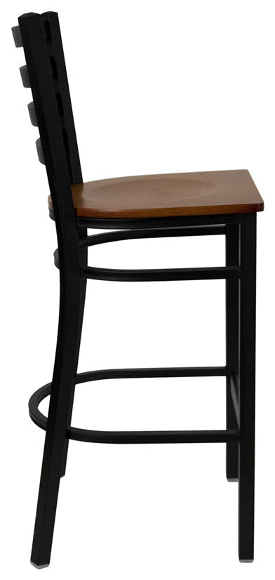Black Ladder Back Metal Restaurant Barstool, Cherry Wood Seat