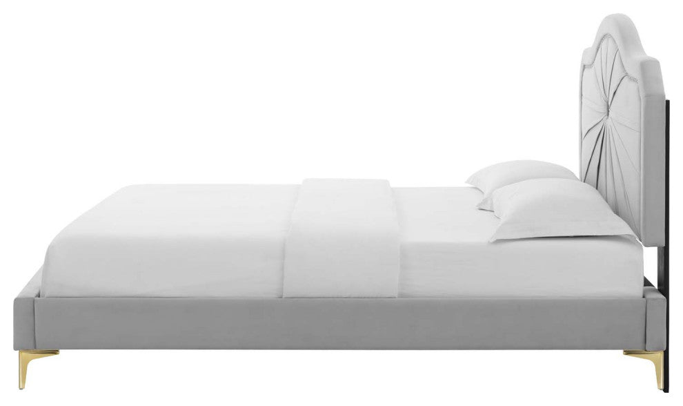 Platform Bed Frame, King Size, Velvet, Light Gray, Modern Contemporary