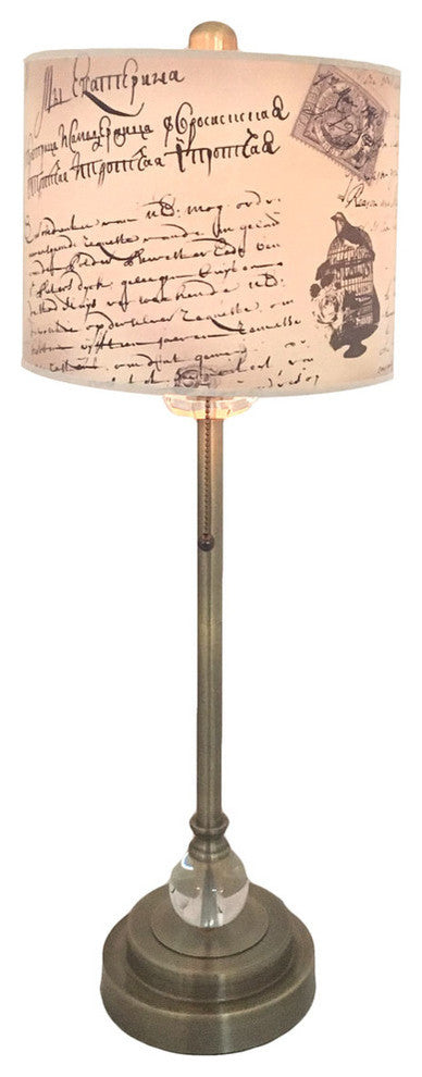 28" Crystal Lamp With Vintage Letter Calligraphy Shade, Antique Brass, Set of 2