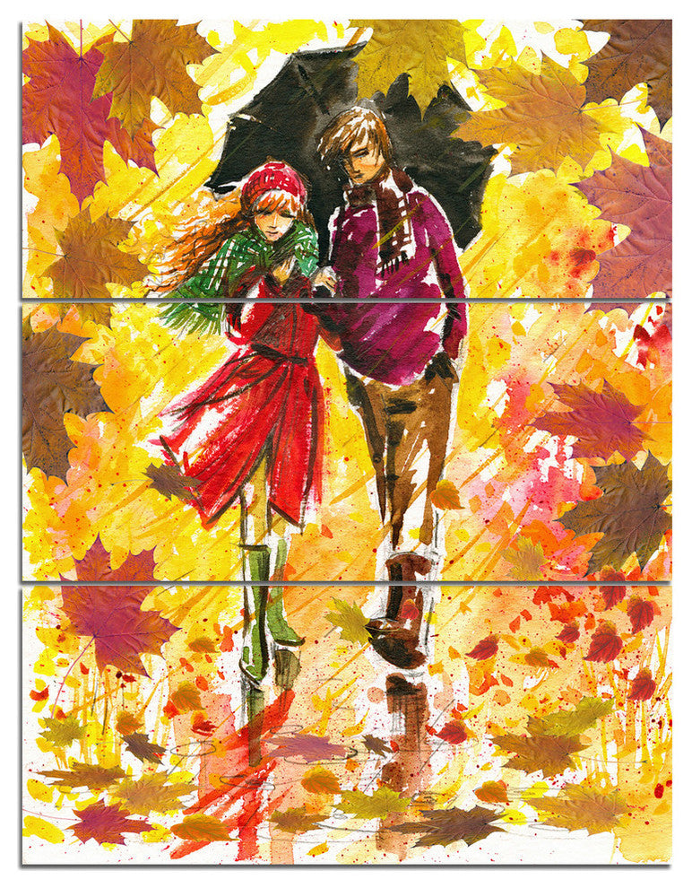 "Autumn Walk of Couple" Glossy Metal Wall Art, 3 Panels, 28"x36"