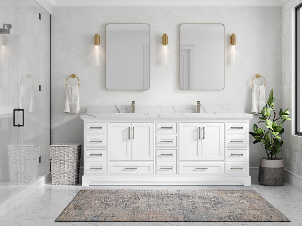 Fenway 84 Double Sink Bath Vanity in White 2" Calacatta Laza