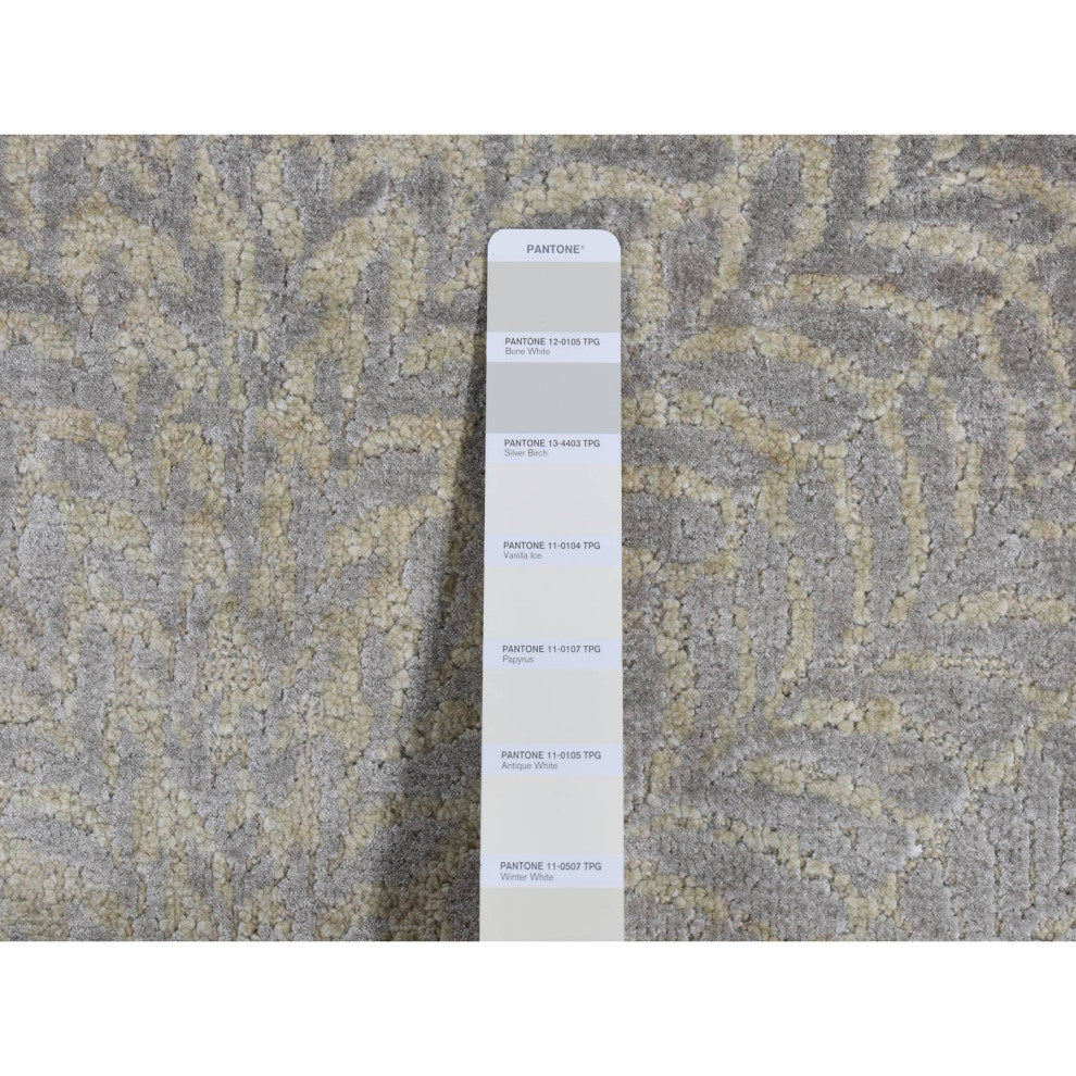 Silver Gray, Gold Leaf Design, Pure Silk, Hand Knotted, Rug, 8'10"x12'1"