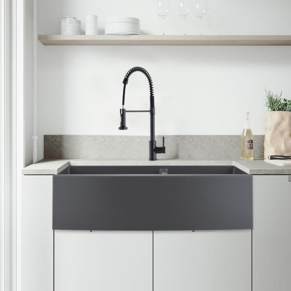 33" x 22" Gray Quartz Double Bowl Farmhouse Apron Kitchen Sink