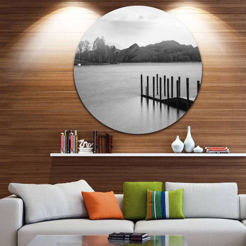 Pier Over Coniston Water Panorama, Sea Bridge Disc Metal Wall Art, 11"