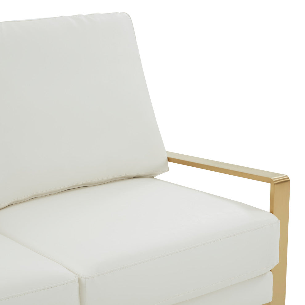 LeisureMod Jefferson Leather Modern Design Loveseat With Gold Frame, White