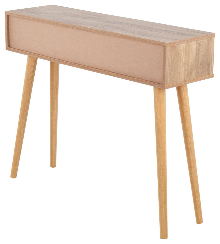 Bora Bora Contemporary Console Table, Natural Wood With Rattan Accents