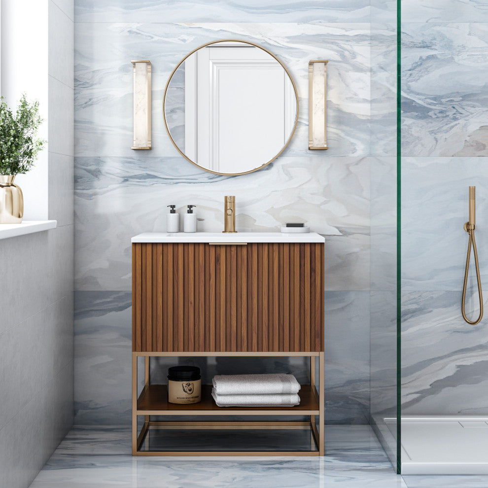 Terra Bathroom Vanity, Walnut/Satin Brass With White Quartz, 30", White Quartz Top