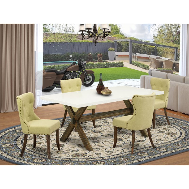 5-Piece Set, 4 Chairs, Table and Wooden Cross Legs-Linen White/Jacobean