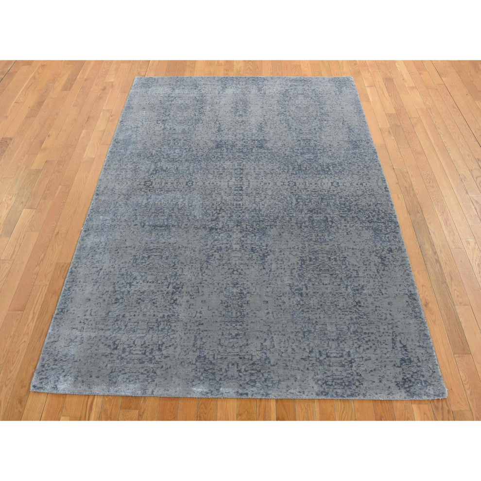Ash Gray Muted Tone on Tone Wool and Silk Hand Loomed Oriental Rug 6'x9'