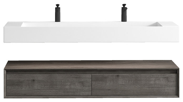 Alysa 60'' Floating Vanity, Acrylic Sink, Double Faucet Hole, Smoke Oak