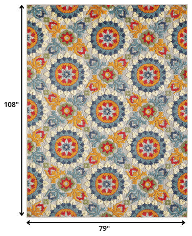 7"x9" Orange Floral Lattice Indoor Outdoor Area Rug