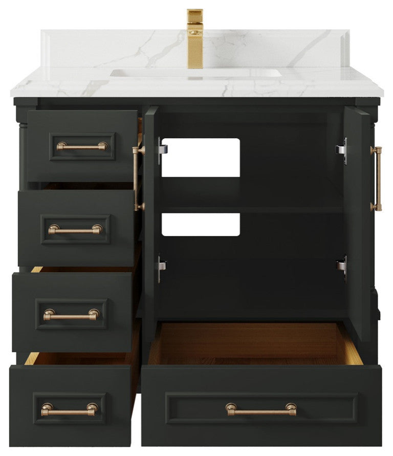 Aberdeen 36 Center Sink Bath Vanity in Black Top 1.5" Calacatta Laza