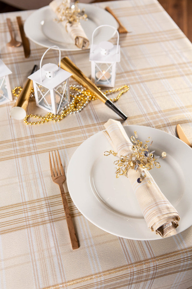 Cream Metallic Plaid Tablecloth 70 Round