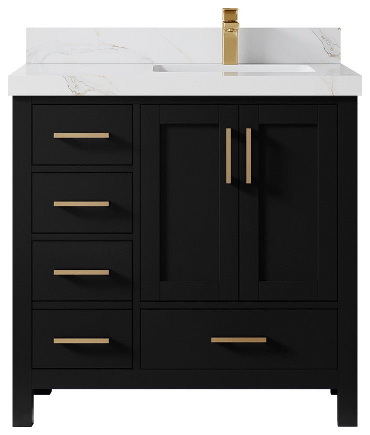 Malibu 36" Right Offset Bath Vanity in Black 2" Calacatta Sienna
