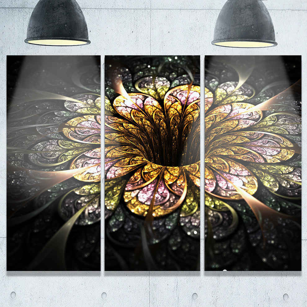 "Dark Golden Fractal Flower Digital" Metal Wall Art, 3 Panels, 36"x28"