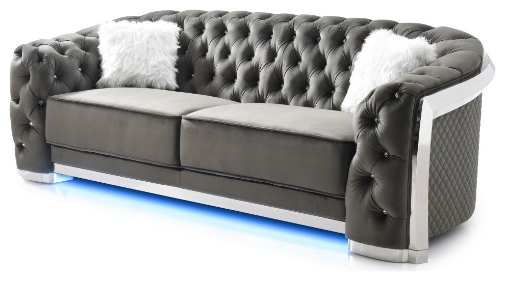 Sapphire Black Tufted Velvet Sofa With LED Lights, Gray