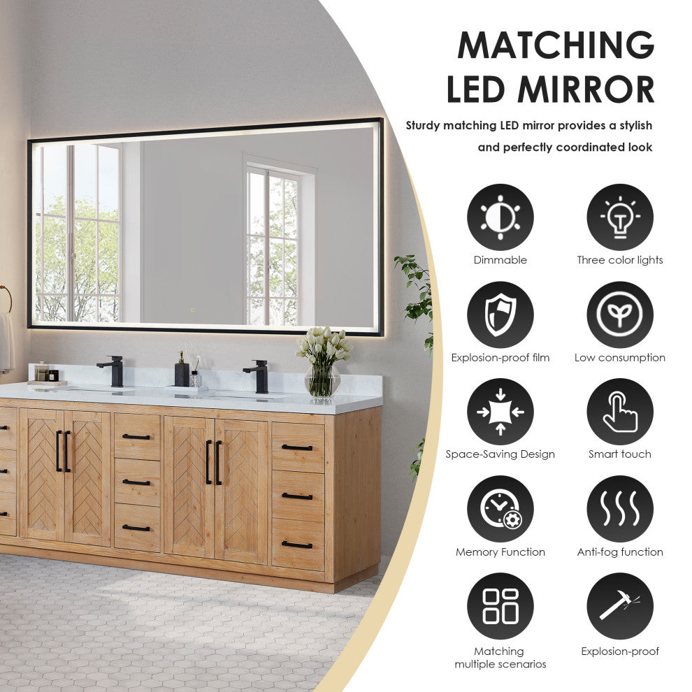 Anais Vanity Grain White Engineered Stone Countertop, Light Brown, 84", With Mirror