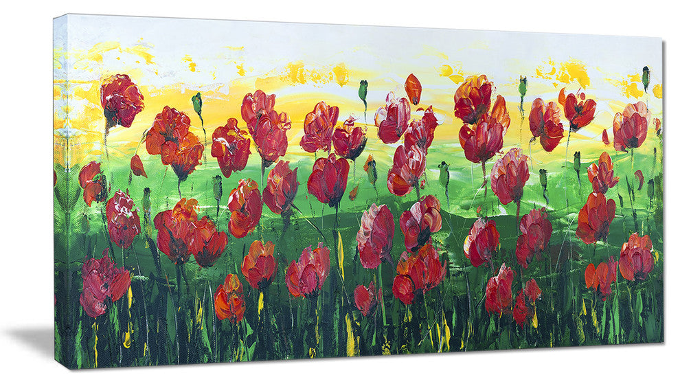 "Wild Red Poppies Field Panorama" Modern Landscape Wall Art Canvas, 40"x20"