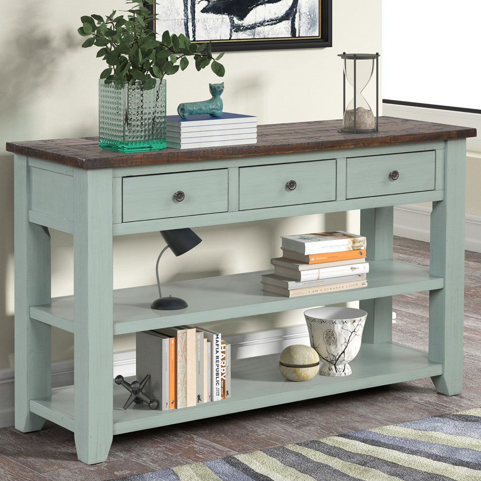 TATEUS 48" Solid Pine Wood Console Table with Storage Drawers, Green